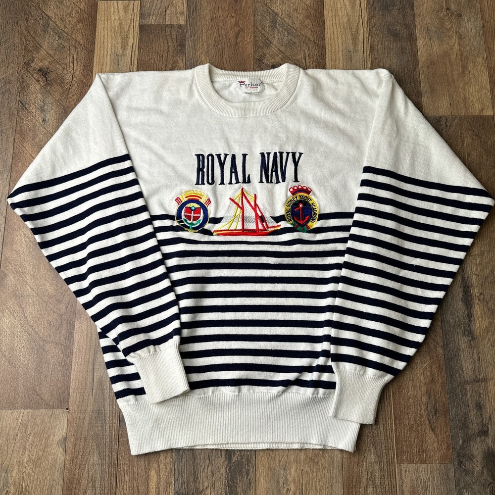 Vintage‎ Parker Of Vienna Embroidered Sweater Women's Medium White Striped Navy